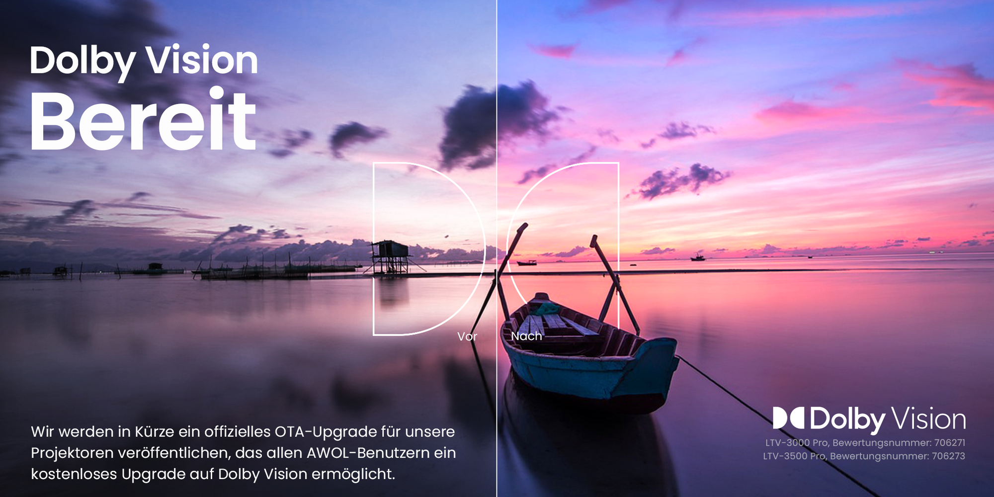 Vergleichsbild, das den visuellen Unterschied von Dolby Vision zeigt: Eine Szene am Meer ist links dunkler und rechts hell, farbenfroh und detailreich dargestellt