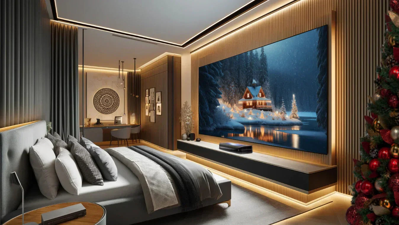 A modern, luxurious bedroom with a warm atmosphere shows an ultra-short-throw projector on a sideboard projecting a cozy winter cabin scene onto a large wall screen, ideal for space-saving movie nights in bed.