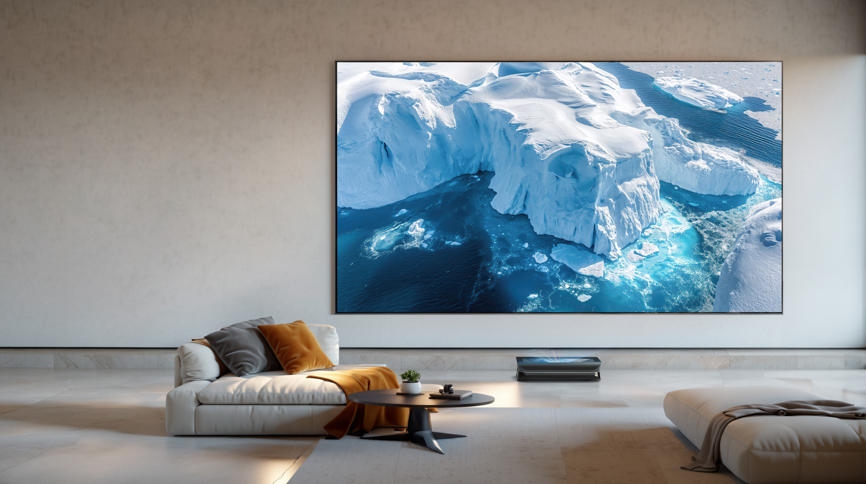 Eine große Heimkino-Leinwand in perfekter Größe, die ein kontrastreiches Bild eines Gletschers von einem Ultrakurzdistanz-Beamer in einem modernen Wohnzimmer anzeigt.