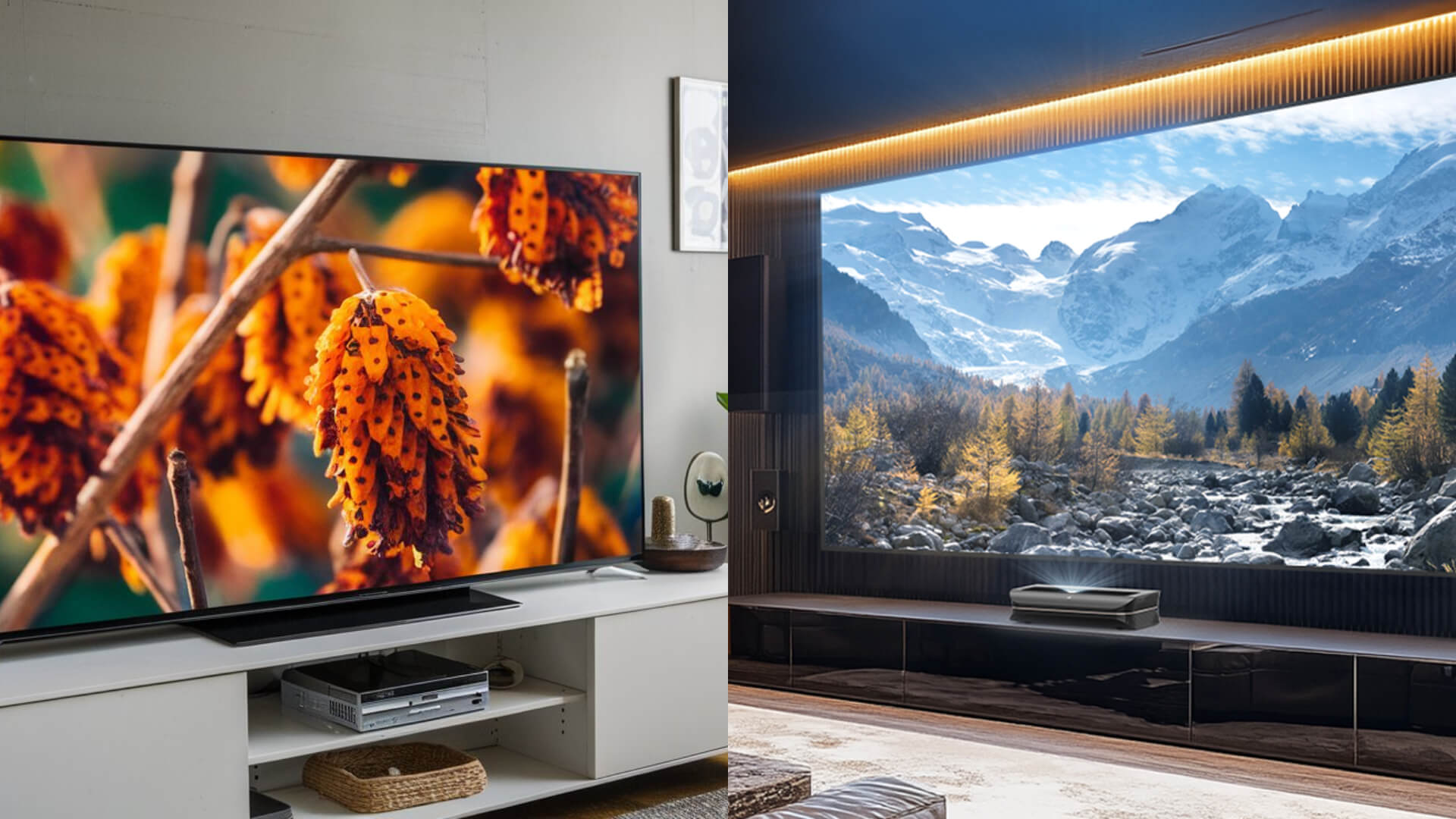 Direkter visueller Vergleich zwischen einem Fernseher in einem hellen Wohnzimmer (links) und einem Beamer mit riesiger Leinwand in einem Heimkino (rechts).