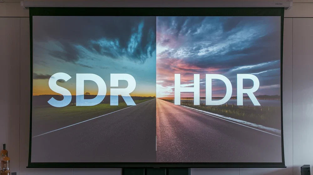 Direkter Vergleich auf einer Projektorleinwand, der die überlegene Farb- und Kontrastdarstellung von HDR (rechts) gegenüber SDR (links) verdeutlicht.
