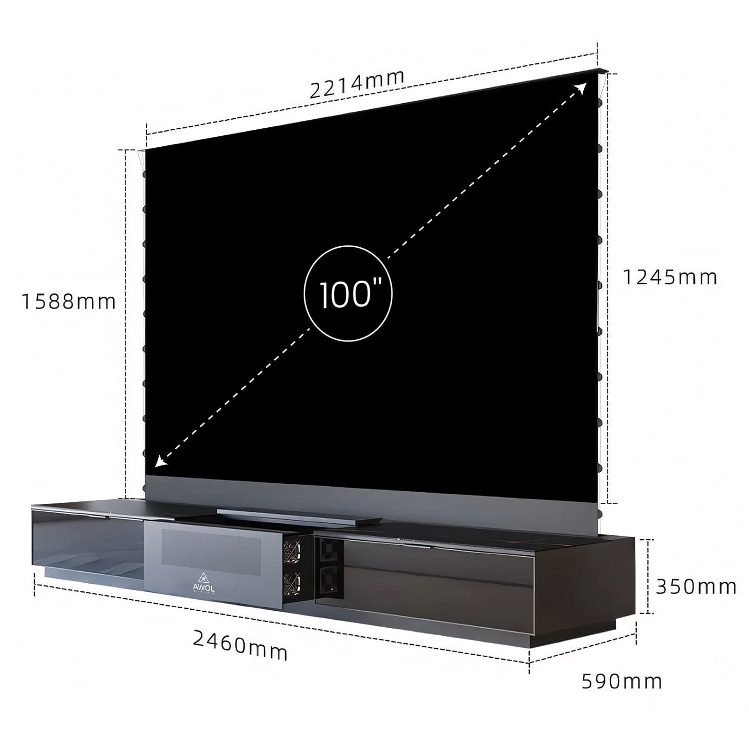AWOL Vision Vanish Laser TV technische Maße 100 Zoll ausfahrbarer Fernseher mit 246 Zentimeter Breite und ALR Leinwand.