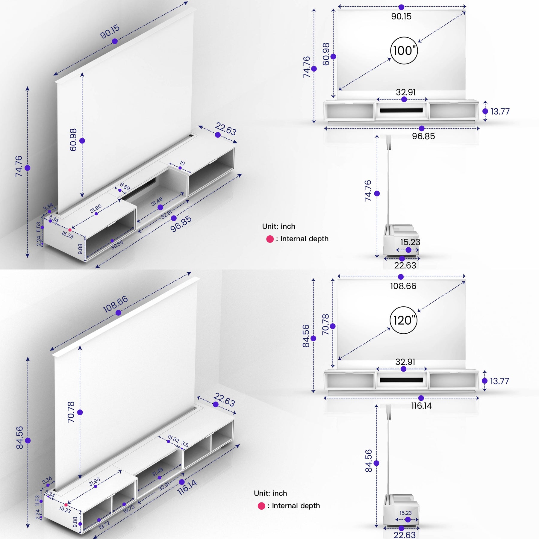 Technische Zeichnung des AWOL Vision Vanish Laser TV als ausfahrbarer Fernseher mit 100 Zoll und 120 Zoll in Inch.