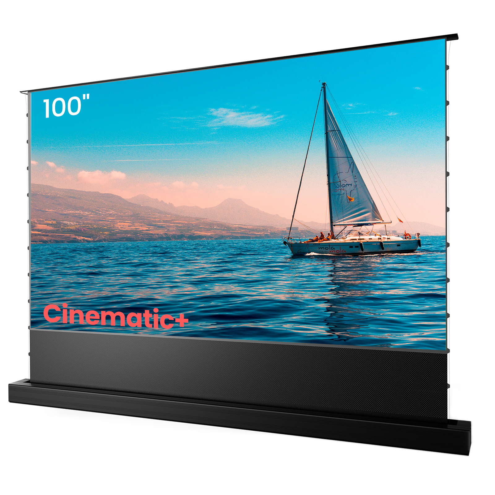 AWOL Vision Cinematic+ 100 Zoll elektrisch aufsteigende beamer leinwand mit klarem Wassermotiv.