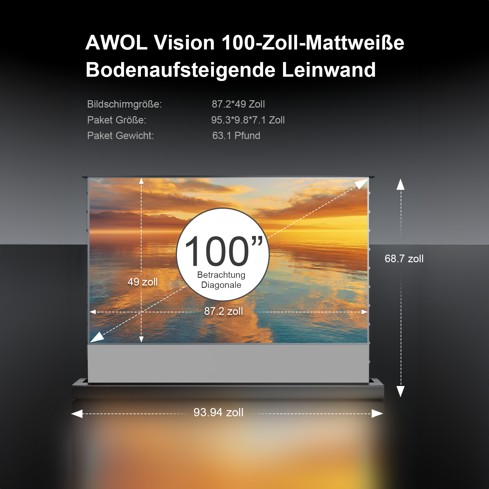 AWOL Vision 100 Zoll Mattweiße Leinwand mit technischen Abmessungen und Betrachtungsdiagonale.