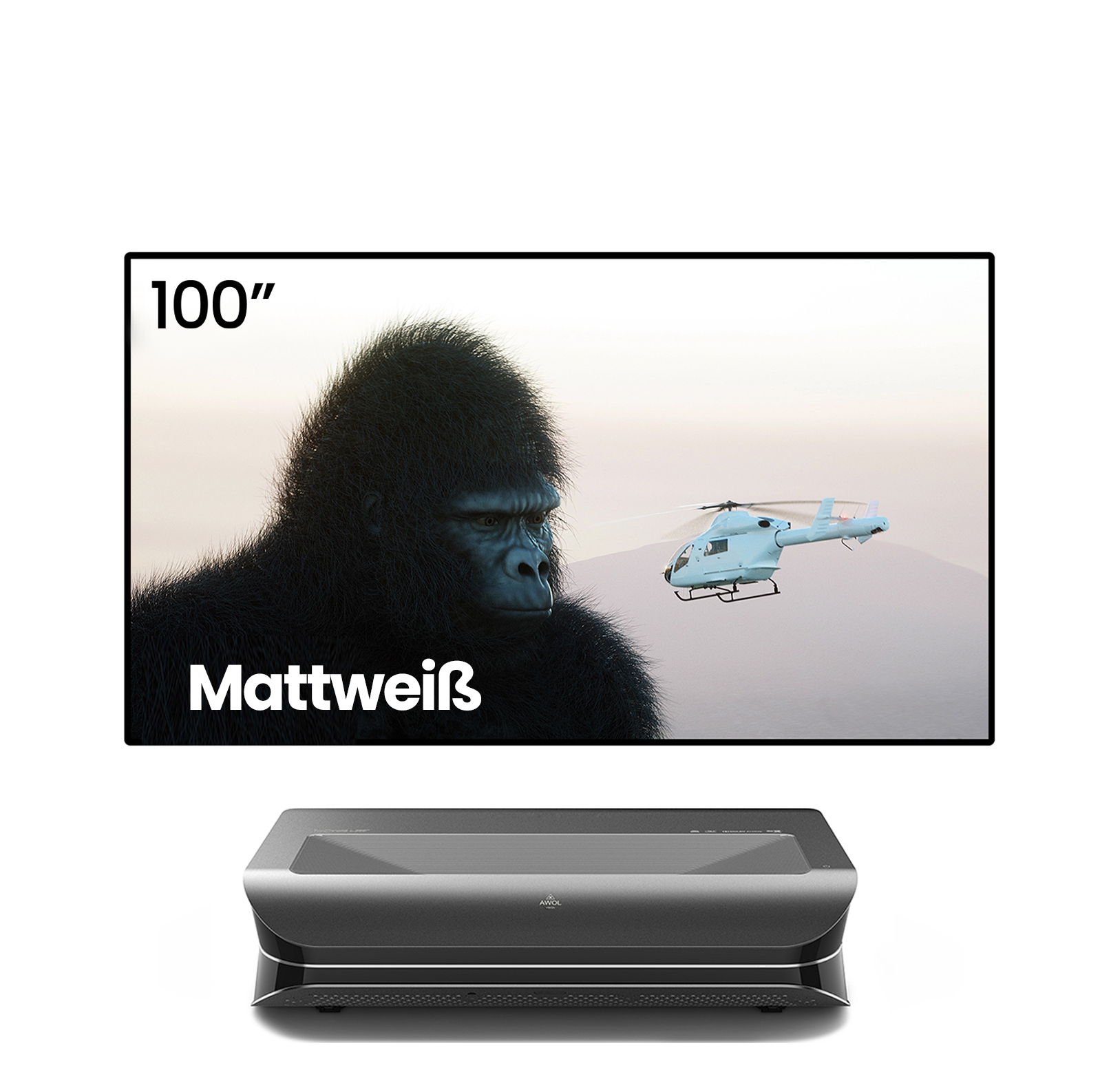 LTV-3000 Pro Bundle mit 100-120" Mattweißer Leinwand liefert gestochen scharfes Bild mit Gorilla und Helikopter.