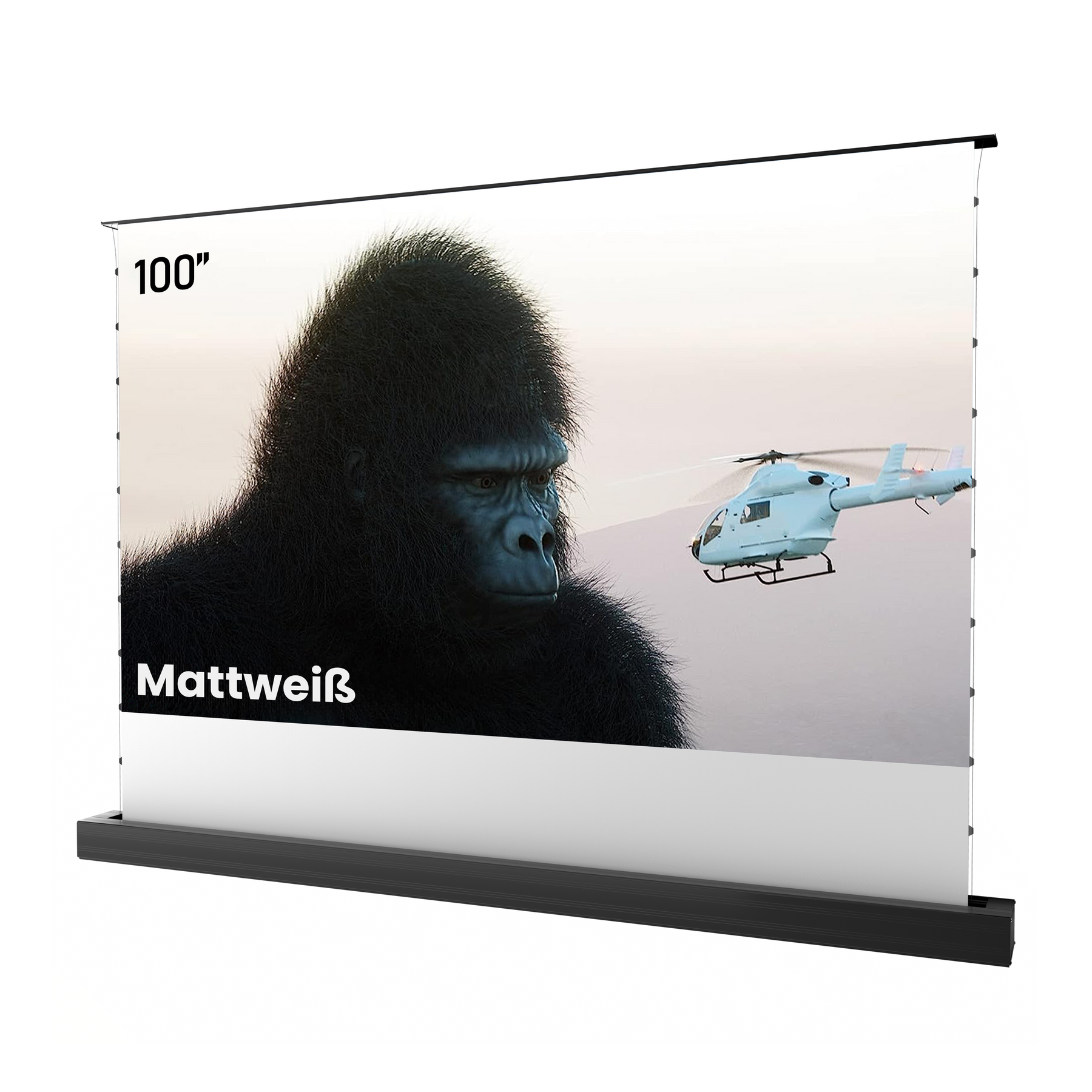 AWOL Vision 100 Zoll Mattweiße Leinwand mit gestochen scharfem Filmmotiv.
