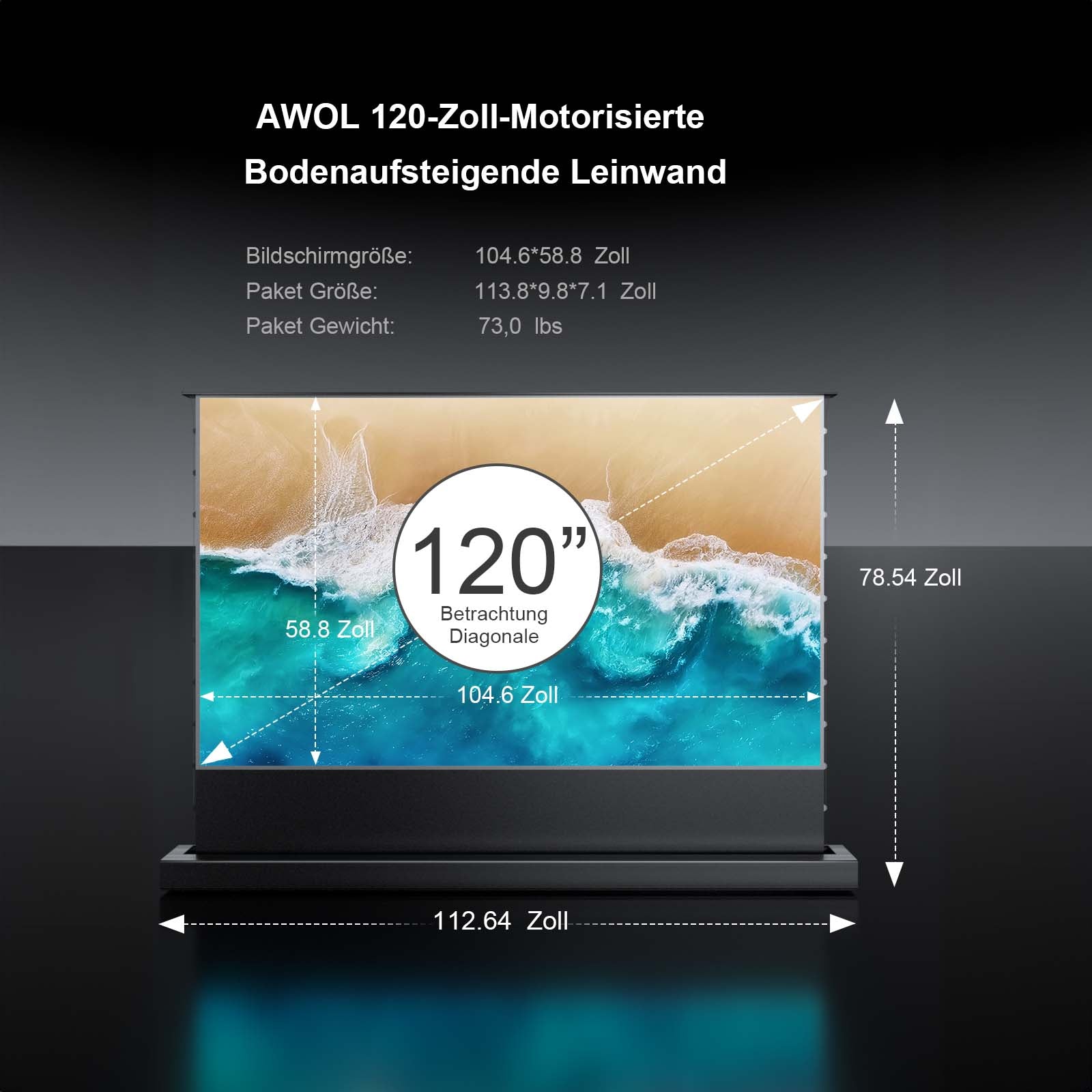 AWOL Vision 120 Zoll Cinematic+ beamer leinwand elektrisch mit präzisen Maßen und Diagonale.