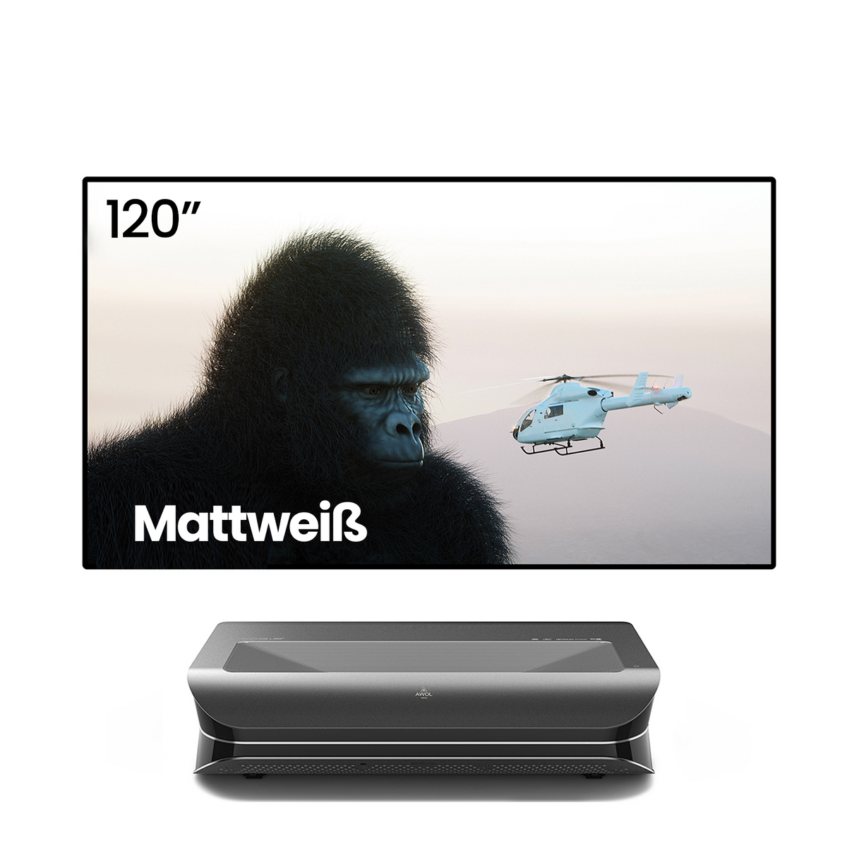LTV-3000 Pro Bundle mit 100-120" Mattweißer Leinwand aus der Vogelperspektive auf das Projektorgehäuse.