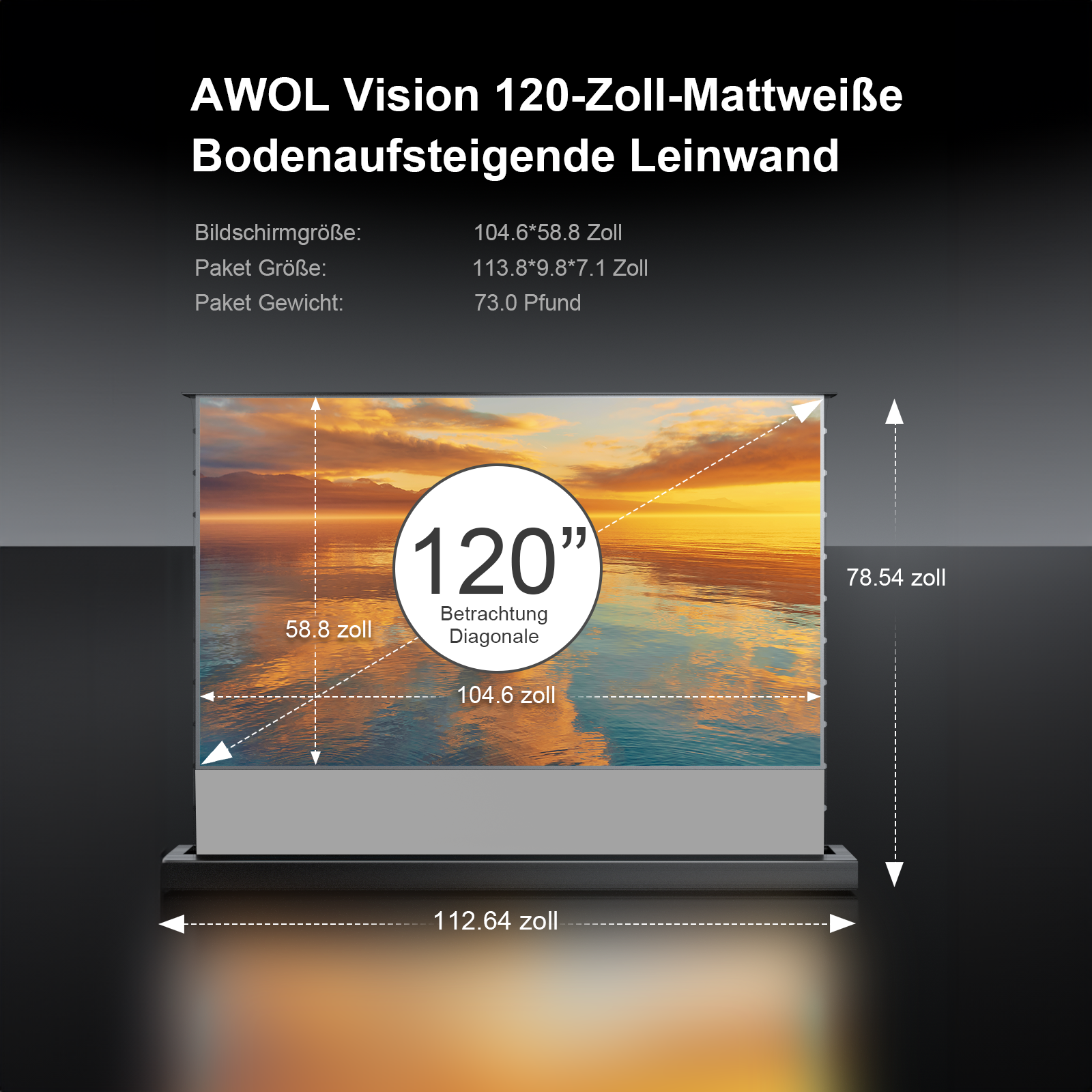 AWOL Vision 120 Zoll Mattweiße Leinwand mit Maßen und Betrachtungsfläche im Überblick.