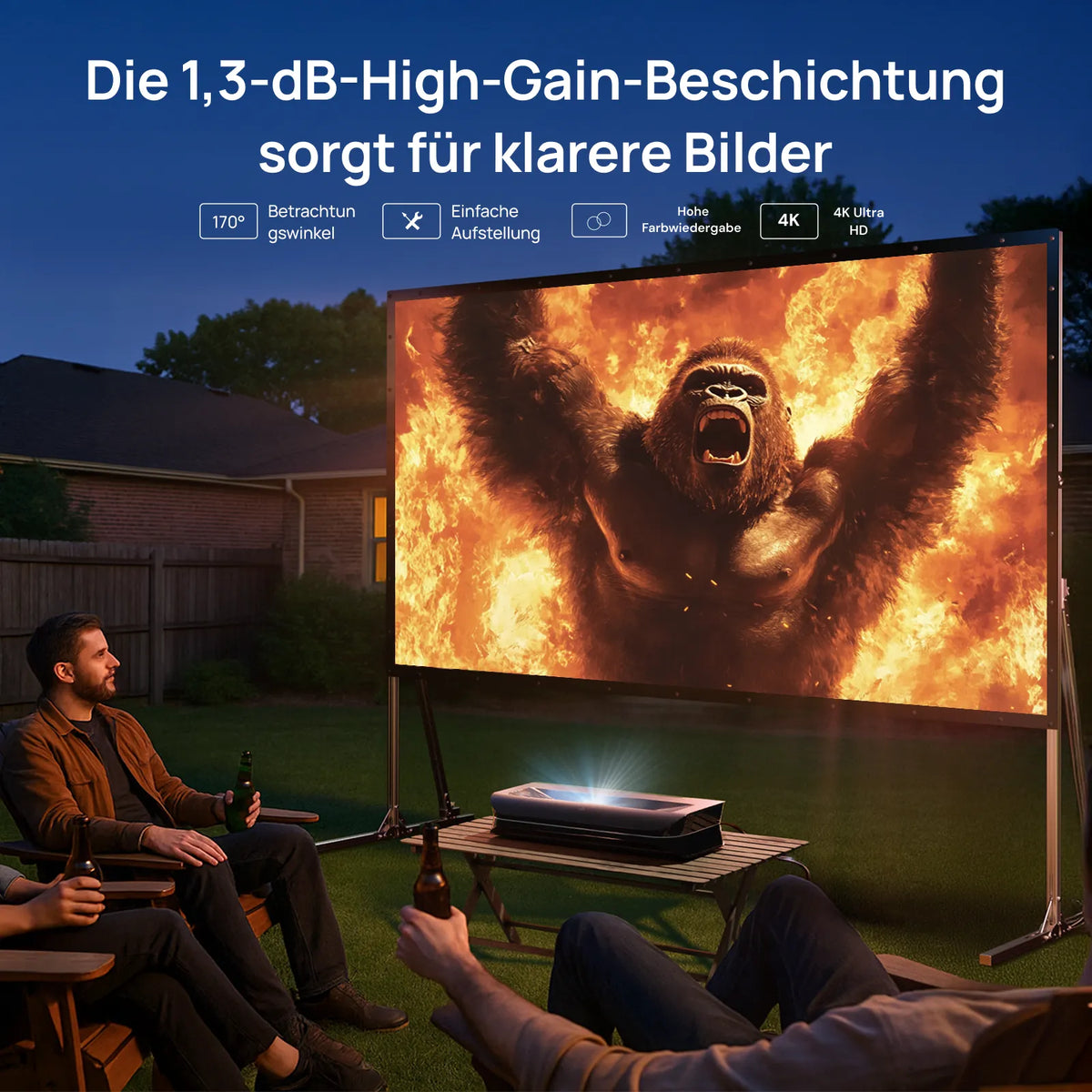 Mobile Outdoor-Beamer-Leinwand mit 1,3 Gain, 170° Blickwinkel und klarer 4K-Projektion beim Gartenkino.