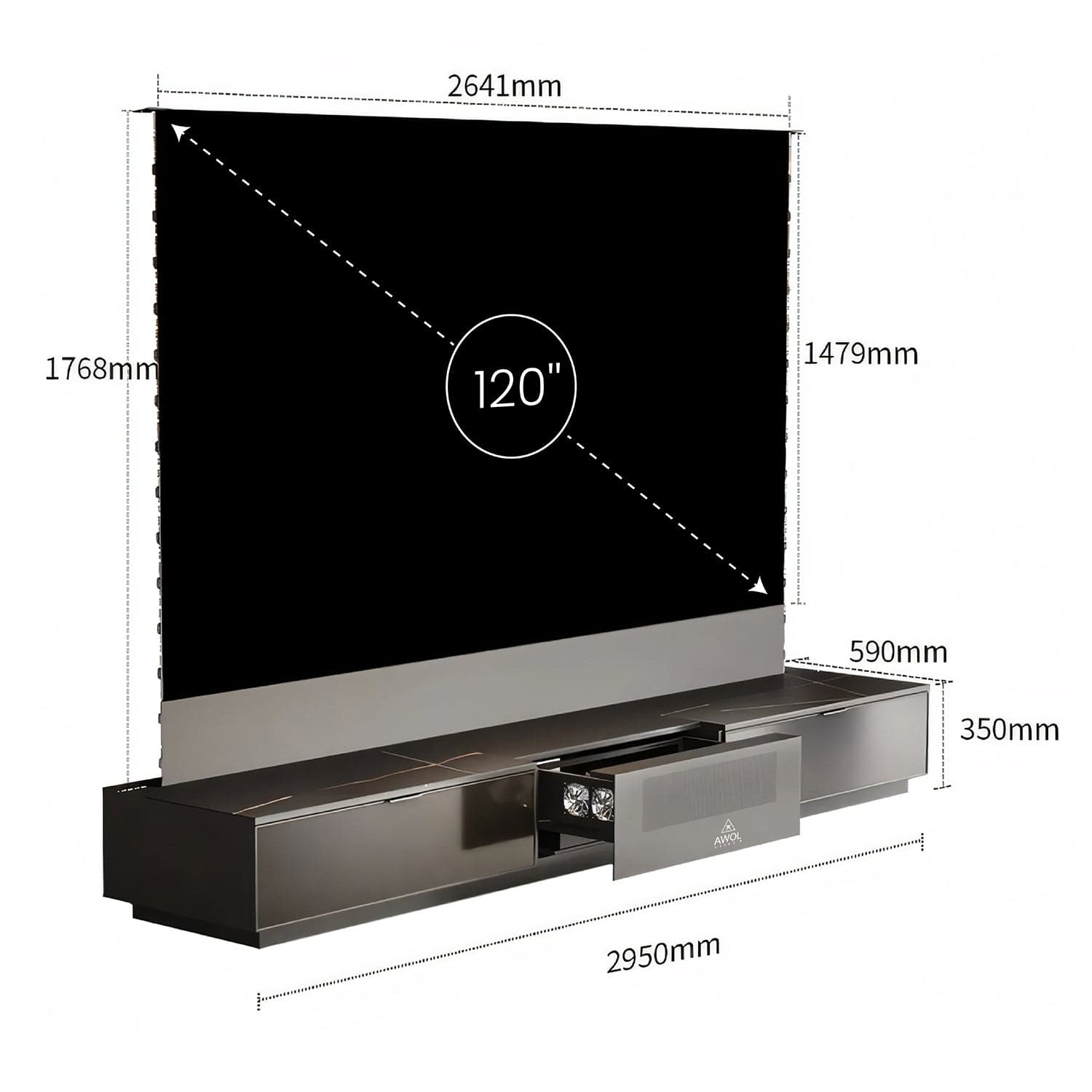 AWOL Vision Vanish Laser TV 120 Zoll ausfahrbarer Fernseher mit ALR Leinwand und technischen Maßen in Millimetern.