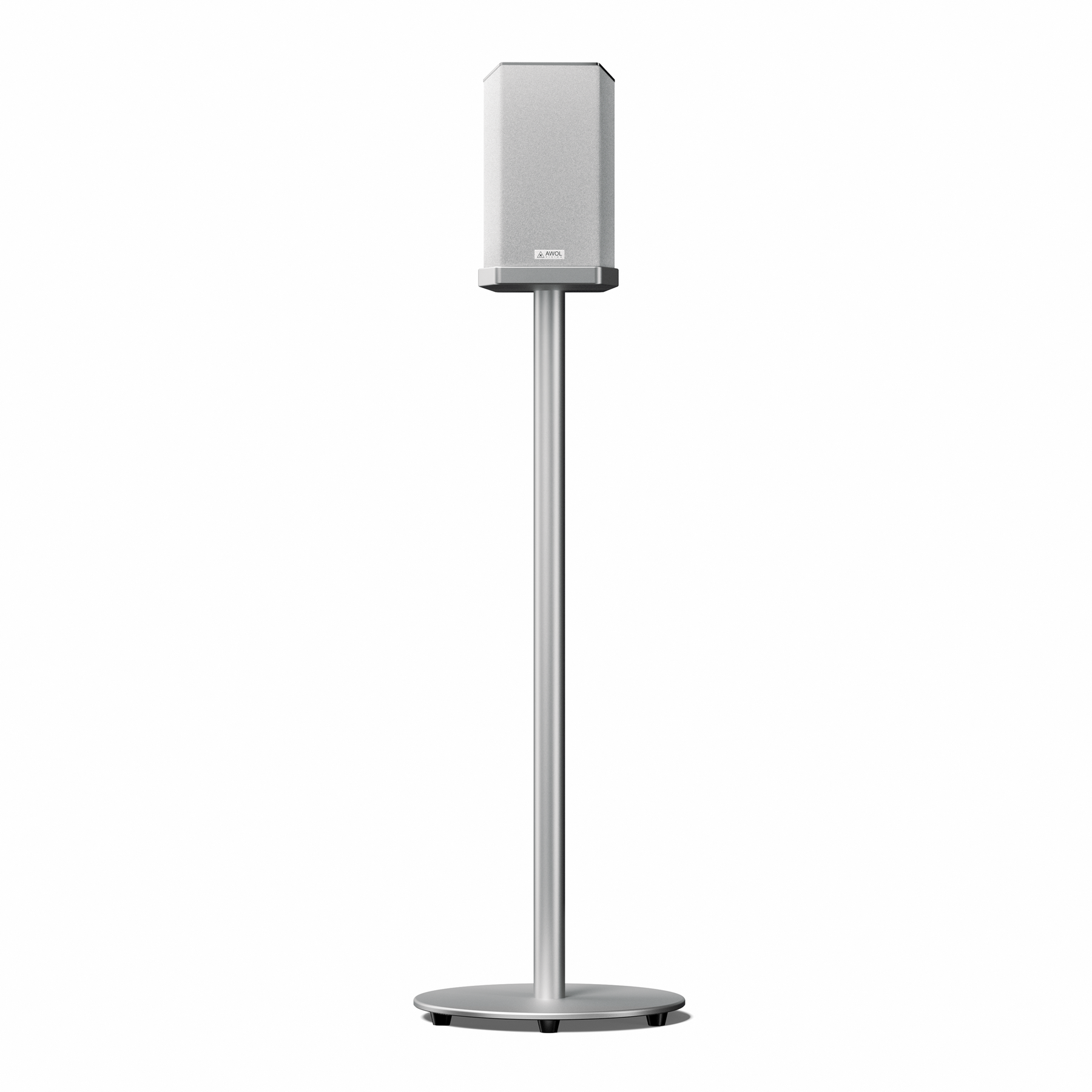AWOL ThunderBeat Bodenständer mit montiertem Lautsprecher in elegantem Silberdesign für perfekte Klangplatzierung.