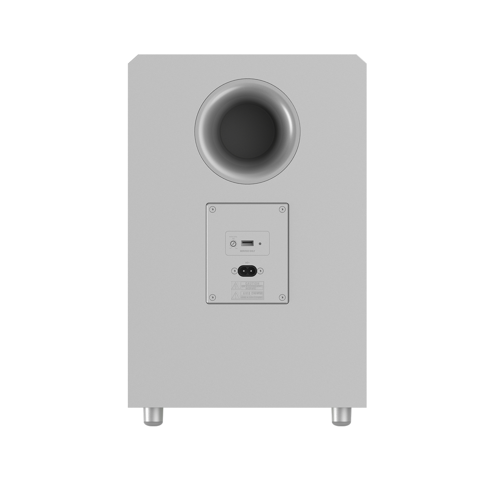 Rückseite des AWOL Vision Subwoofers mit Anschlussoptionen für kabellose Lautsprecher im Surround‑Sound‑System.