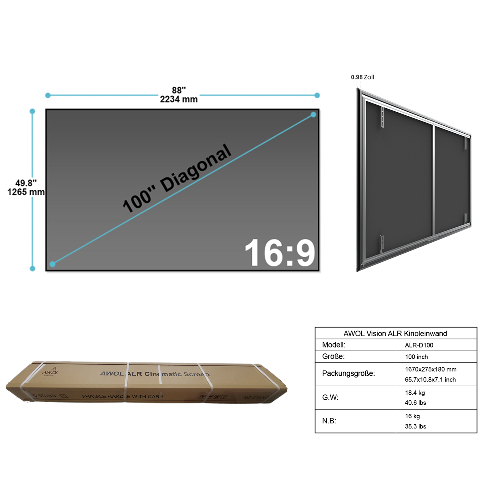 AWOL Vision Tageslicht Fresnel ALR Leinwand mit 100 Zoll Diagonale und technischem Datenblatt.