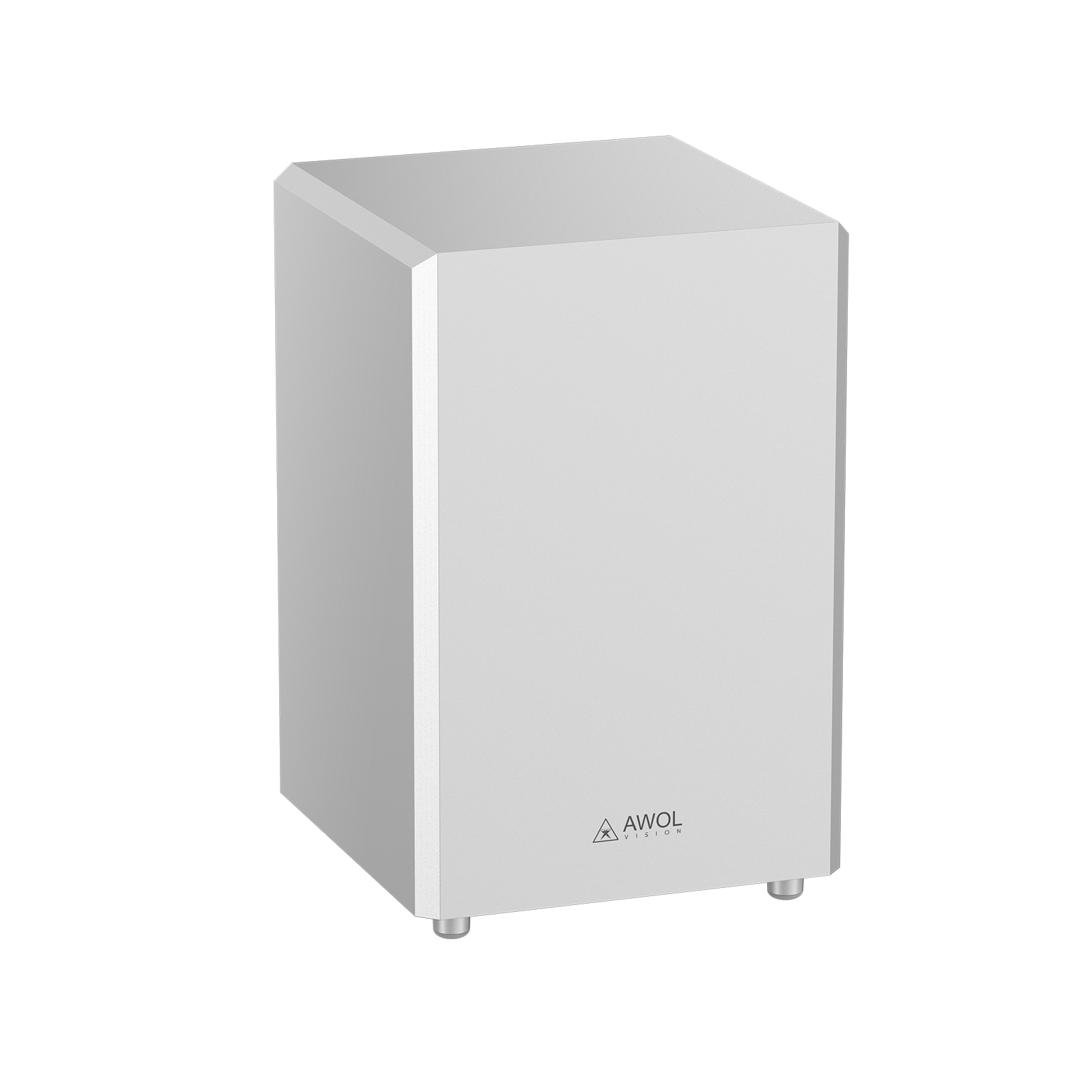 AWOL Vision weißer Subwoofer für kabellose Lautsprecher im stilvollen Design für ein hochwertiges Surround‑Sound‑System mit Beamer.