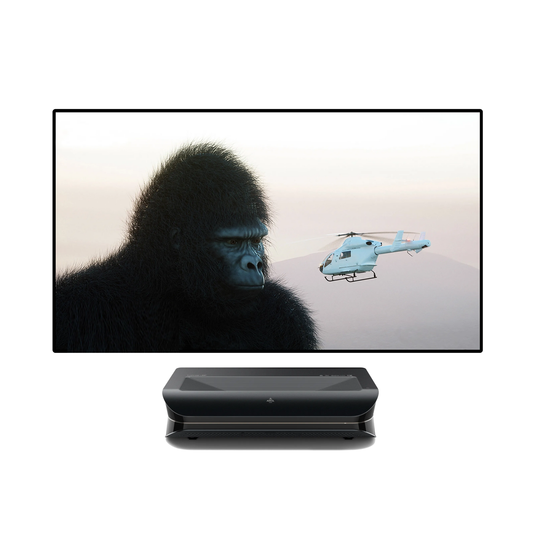 LTV-3000 Pro Bundle mit 100-120" Mattweißer Leinwand zeigt Gorilla-Szene in beeindruckender Bildqualität.