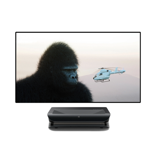 LTV-3000 Pro Bundle mit 100-120" Mattweißer Leinwand zeigt Gorilla-Szene in beeindruckender Bildqualität.