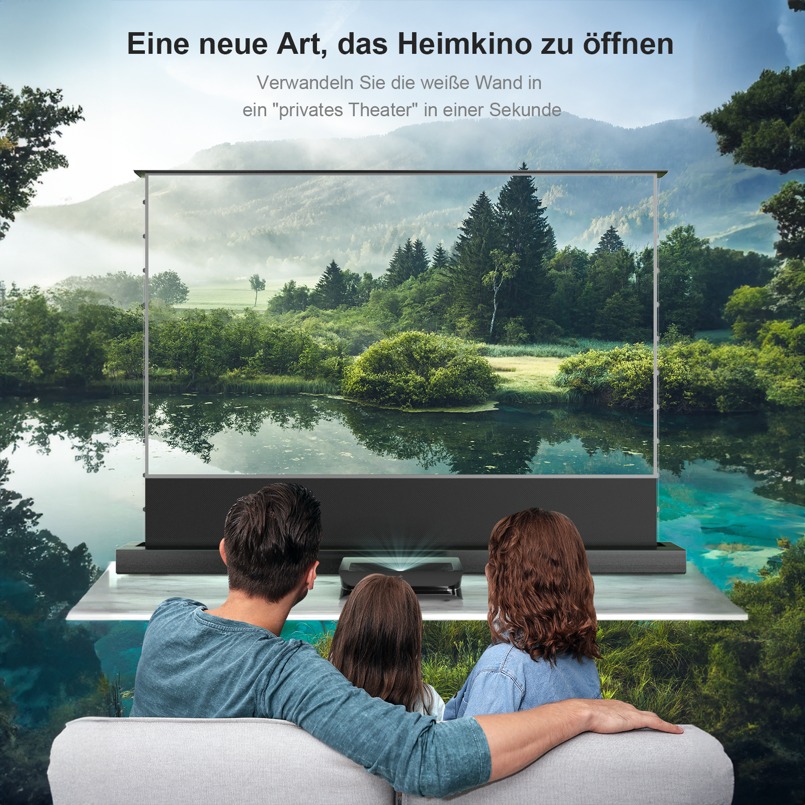 AWOL Vision Cinematic+ elektrische ALR Leinwand mit Naturprojektion in Wohnzimmerumgebung.