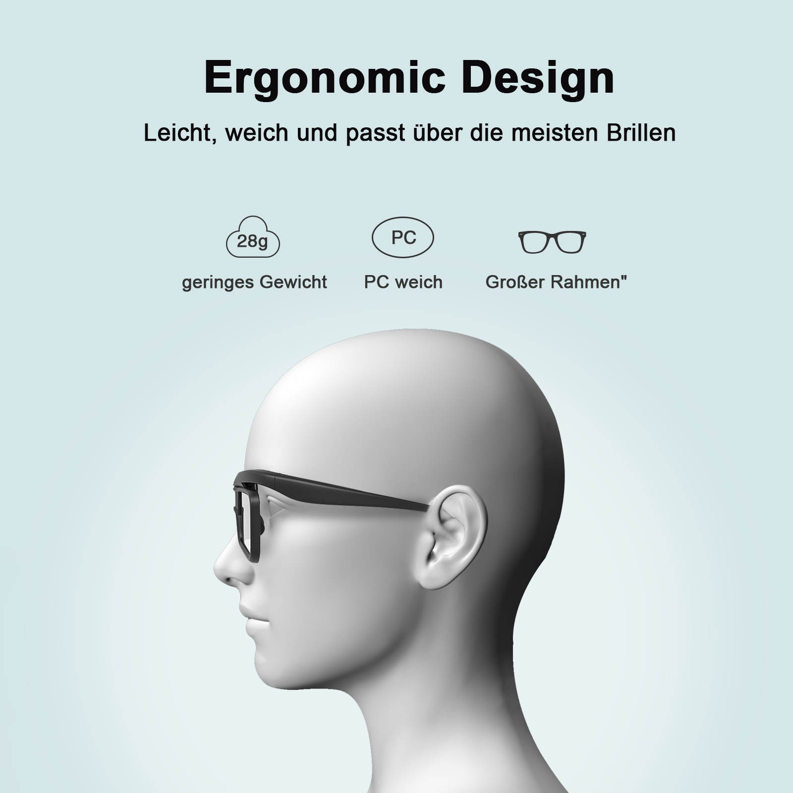 Ergonomische 3D Brille mit nur 28 Gramm Gewicht und großem Rahmen passend über Korrekturbrillen aus weichem PC Material.