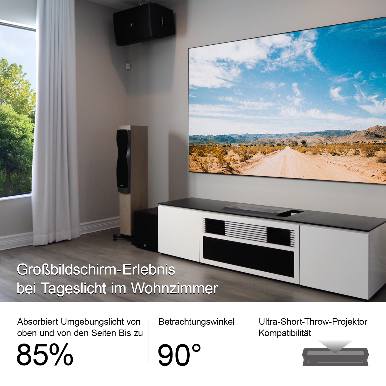 AWOL Vision Tageslicht Fresnel ALR Leinwand im Wohnzimmer mit großem Betrachtungswinkel bei Tageslicht.