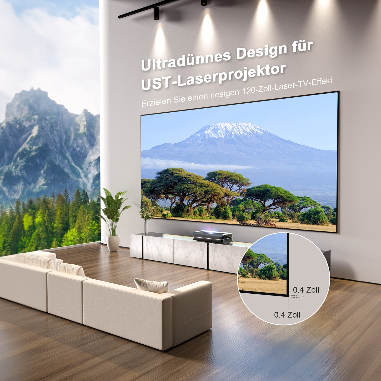 AWOL Vision Tageslicht Fresnel ALR Leinwand im Wohnzimmer mit ultradünnem Rahmen für UST Projektoren.