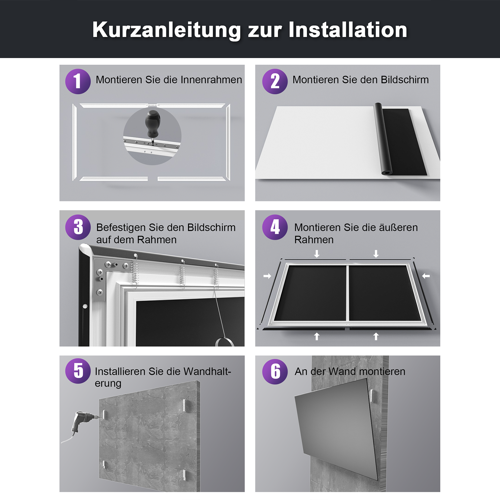 AWOL Vision Tageslicht Fresnel ALR Leinwand Installationsanleitung mit Wandmontage und Rahmenaufbau.