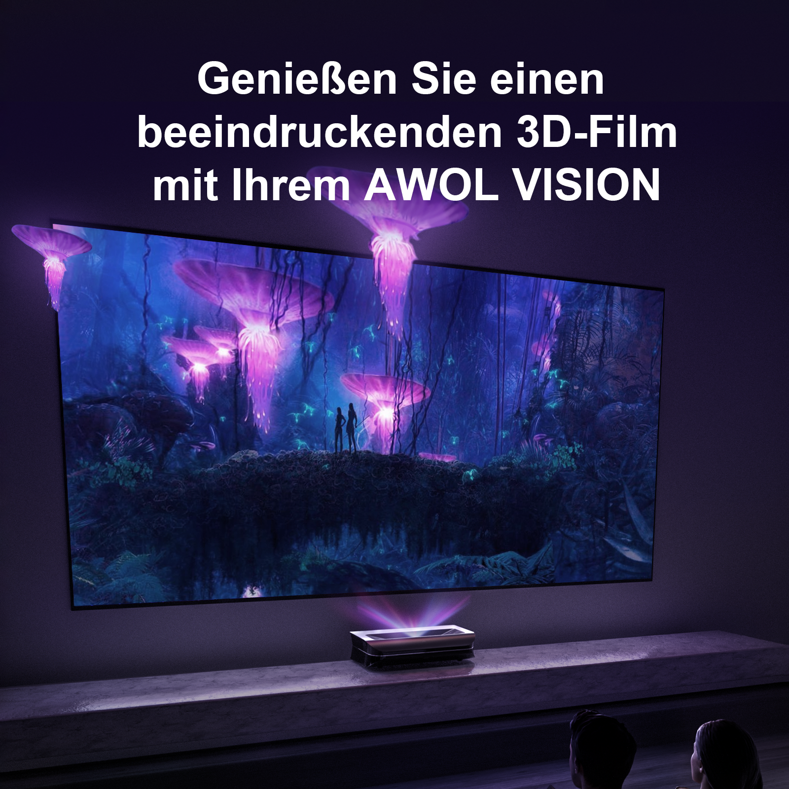 3D Brille kompatibel mit AWOL VISION Projektoren für farbintensive Szenen auf einer 150 Zoll Leinwand im Heimkino.