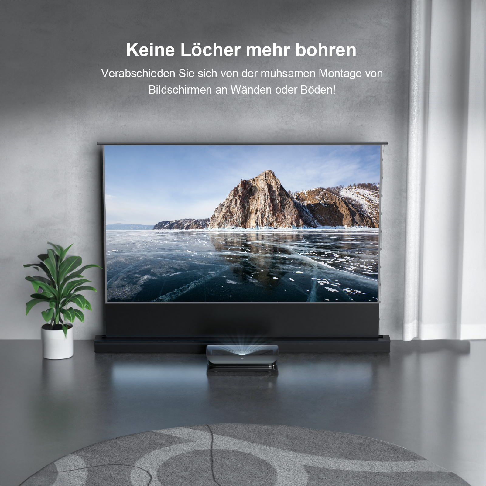 AWOL Vision Cinematic+ beamer leinwand elektrisch bodenaufsteigend ohne Wandmontage erforderlich.