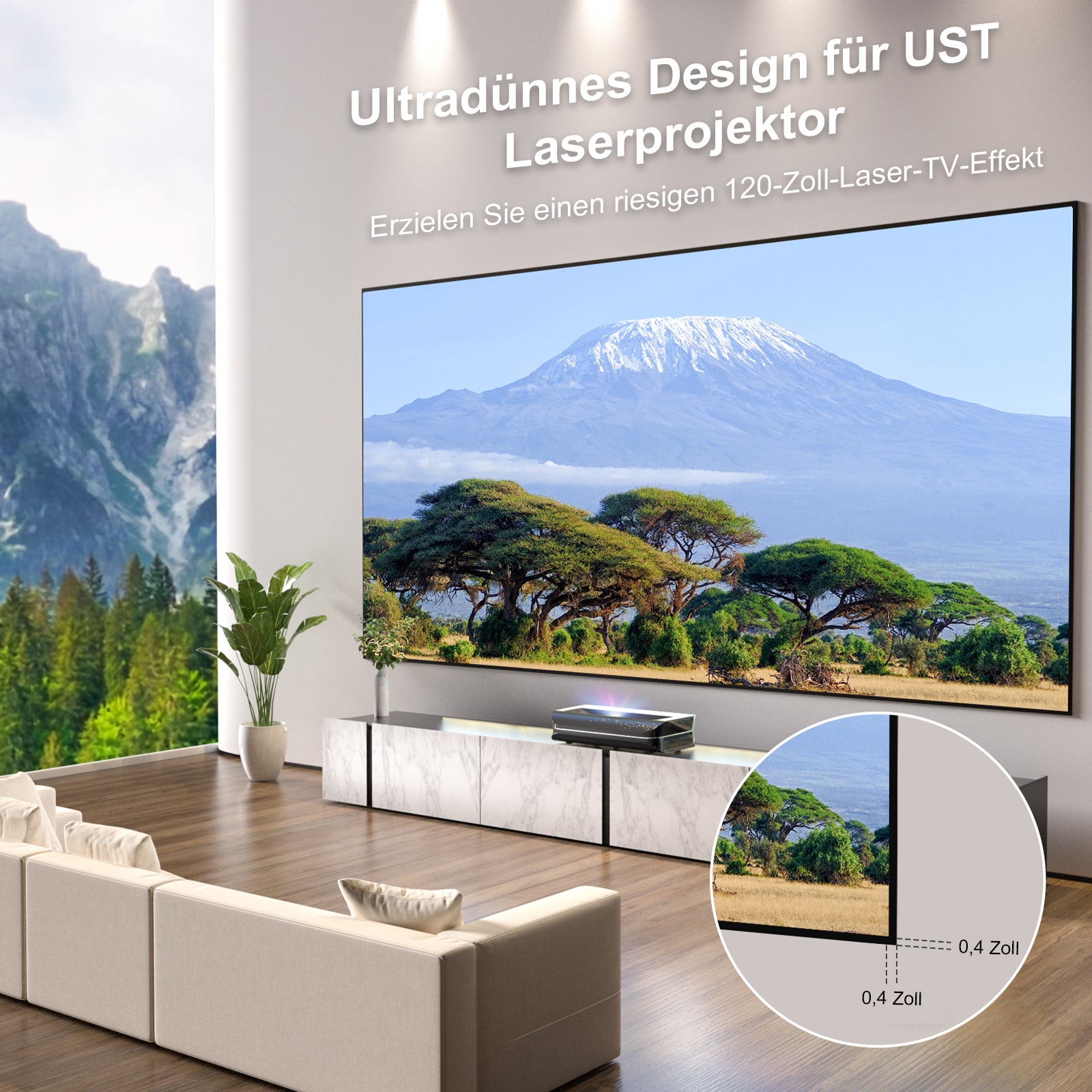 Ultradünnes Rahmendesign der AWOL Vision Leinwand für 120-Zoll Ultrakurzdistanz Projektion.