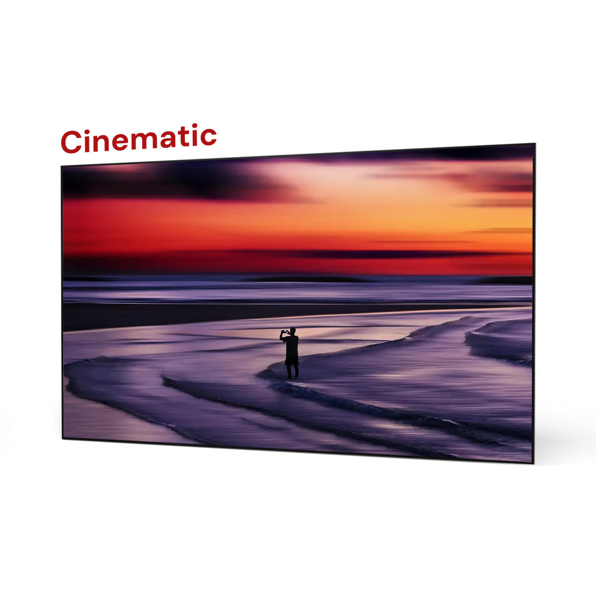 AWOL Vision Cinematic ALR Leinwand mit lebendigem Sonnenuntergang, ideal für Ultrakurzdistanz Beamer.
