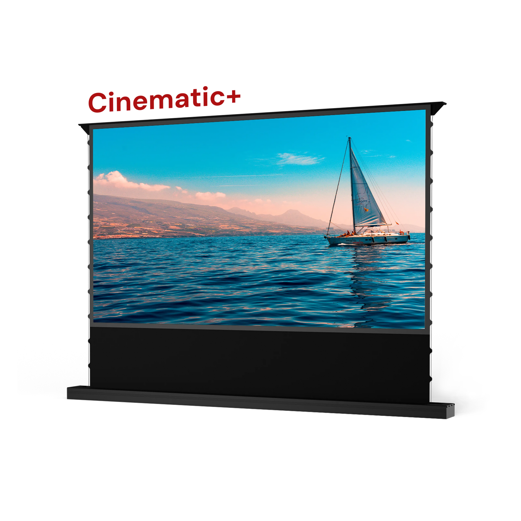 AWOL Vision Cinematic+ 100 Zoll beamer leinwand elektrisch mit Segelboot-Motiv bei Tageslicht.