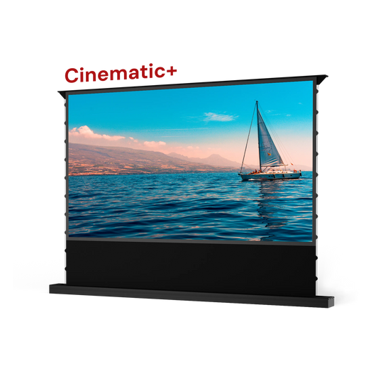 AWOL Vision Cinematic+ 100 Zoll beamer leinwand elektrisch mit Segelboot-Motiv bei Tageslicht.