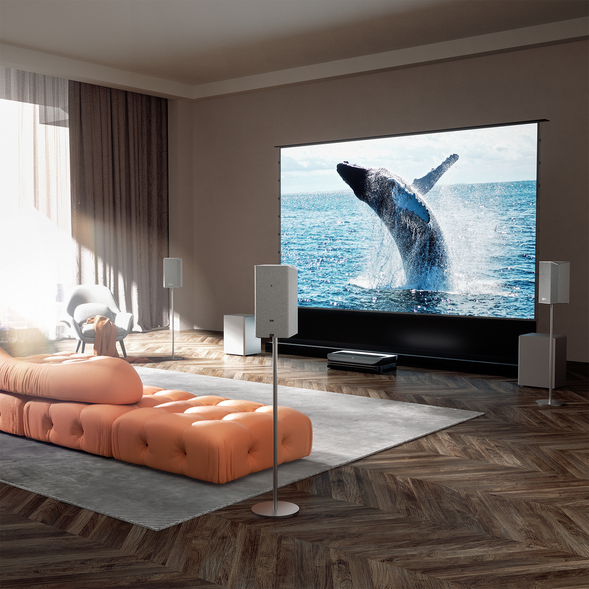 AWOL Vision Lautsprecher für Beamer mit 360‑Grad Surround‑Sound‑System für ein immersives Klangerlebnis im Wohnzimmer.