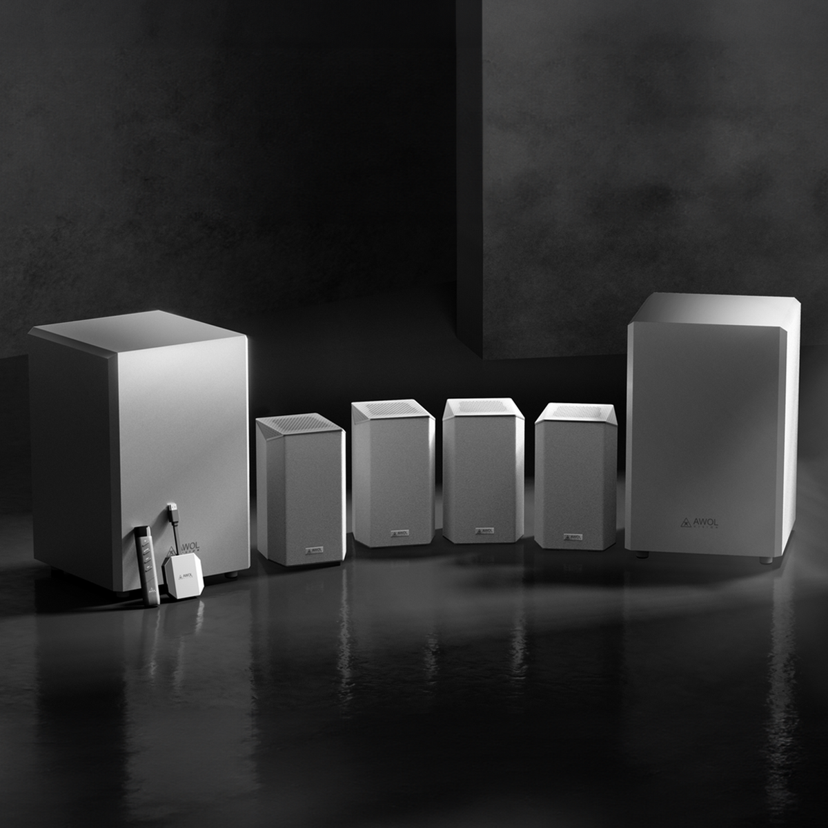 AWOL Vision kabellose Heimkino & Beamer Lautsprecher mit Subwoofern und Surround‑Sound‑System für Beamer.