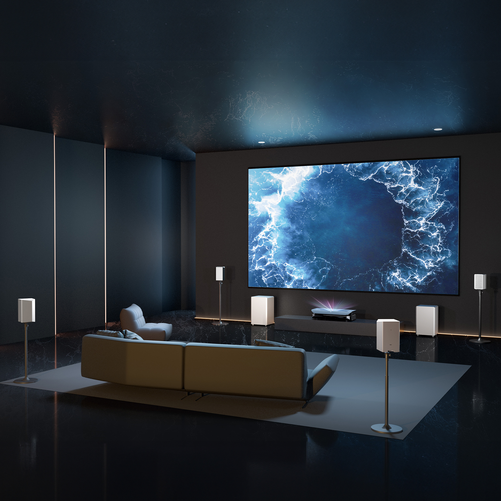 AWOL Vision kabelloses Lautsprecher Set mit Surround‑Sound‑System für Beamer Nutzung in einem dunklen Heimkino Raum.