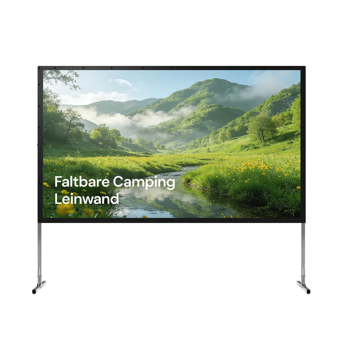 Mobile Outdoor-Beamer-Leinwand 120–200″ mit faltbarem Rahmen und mattweißer Projektionsfläche.
