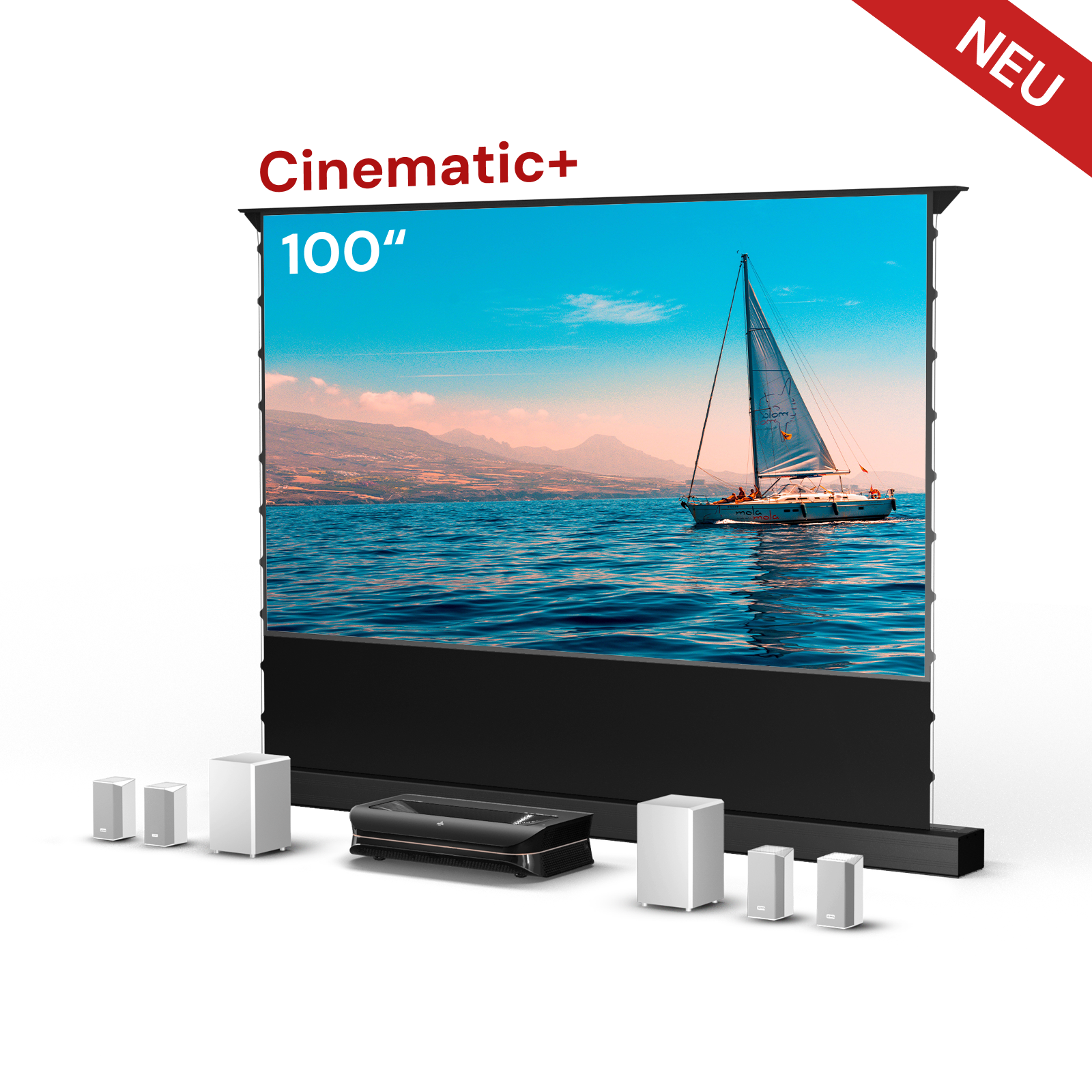 AWOL Theater 3000X Plus mit Cinematic+ ALR Leinwand Größe 100 Zoll und Heimkinoset.