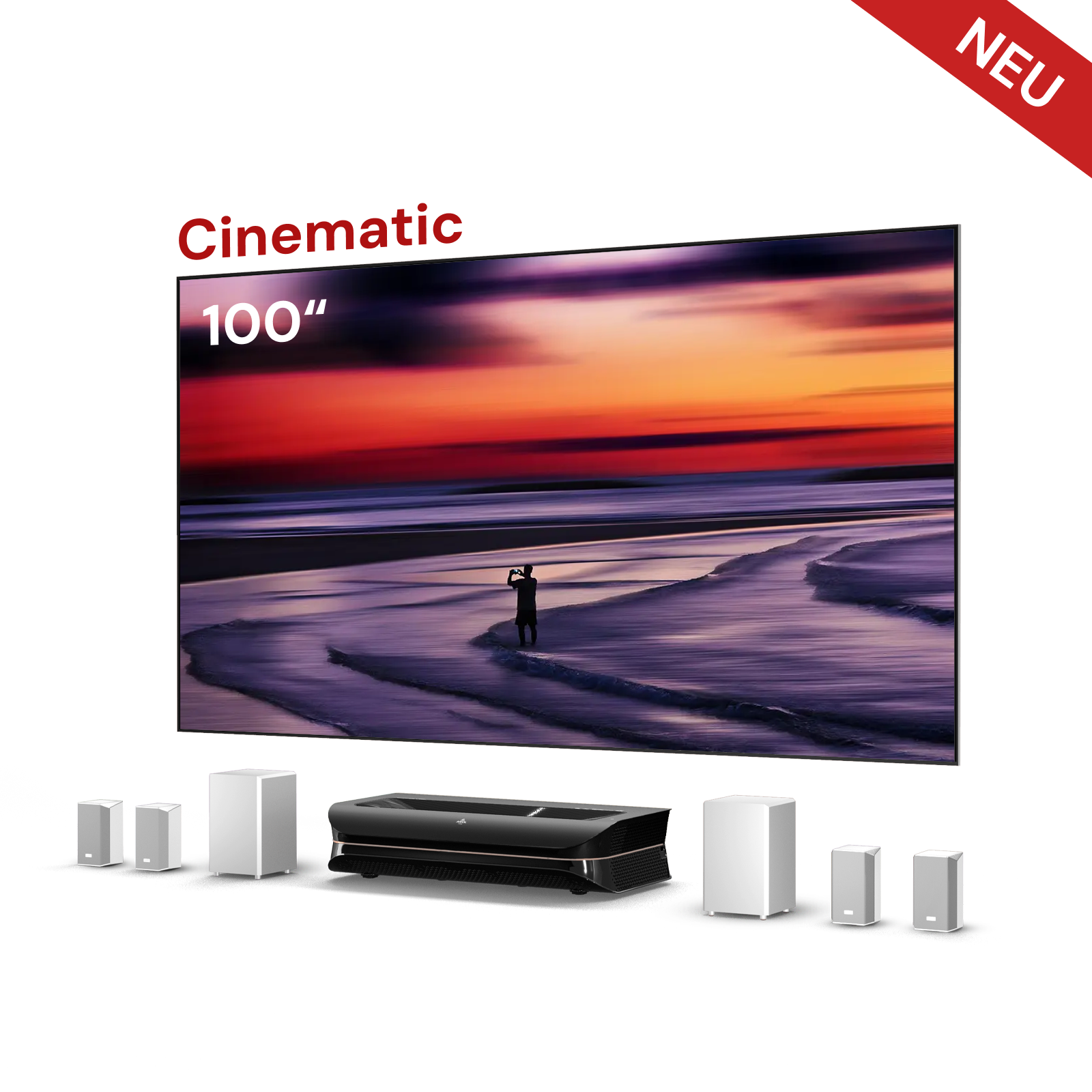 AWOL Theater 3000X mit 100 Zoll Cinematic ALR Leinwand und Surround-System für gestochen scharfe Bilder.