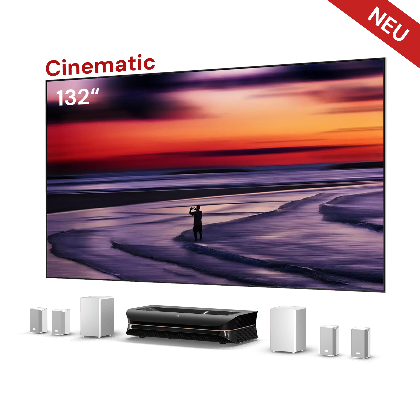 AWOL Theater 3000X mit 132 Zoll Cinematic ALR Leinwand und komplettem Lautsprecherset.