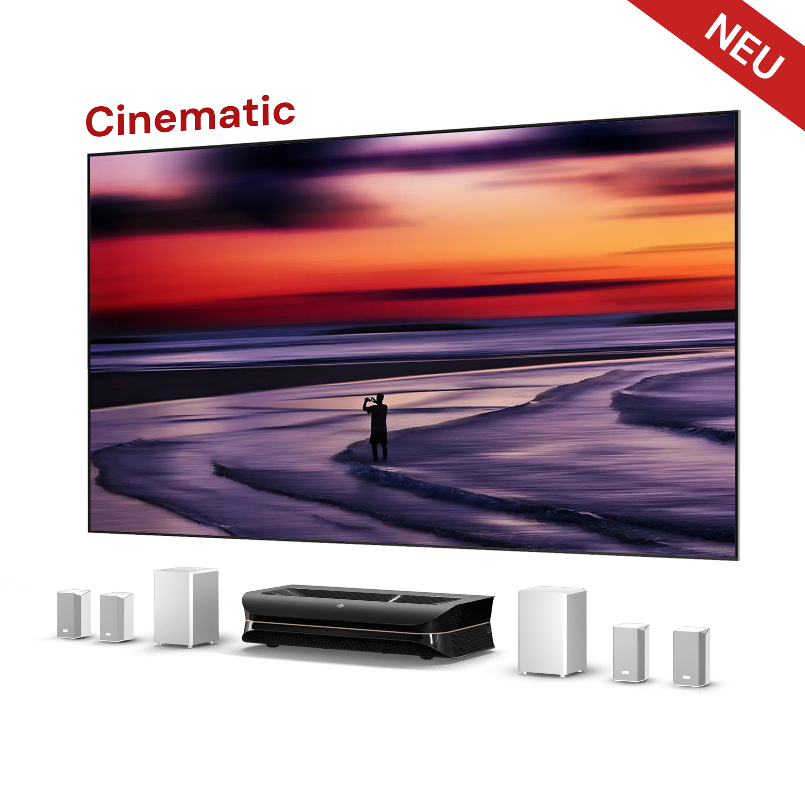 AWOL Theater 3000X mit Cinematic ALR Leinwand und Soundanlage in moderner Wohnzimmerumgebung.