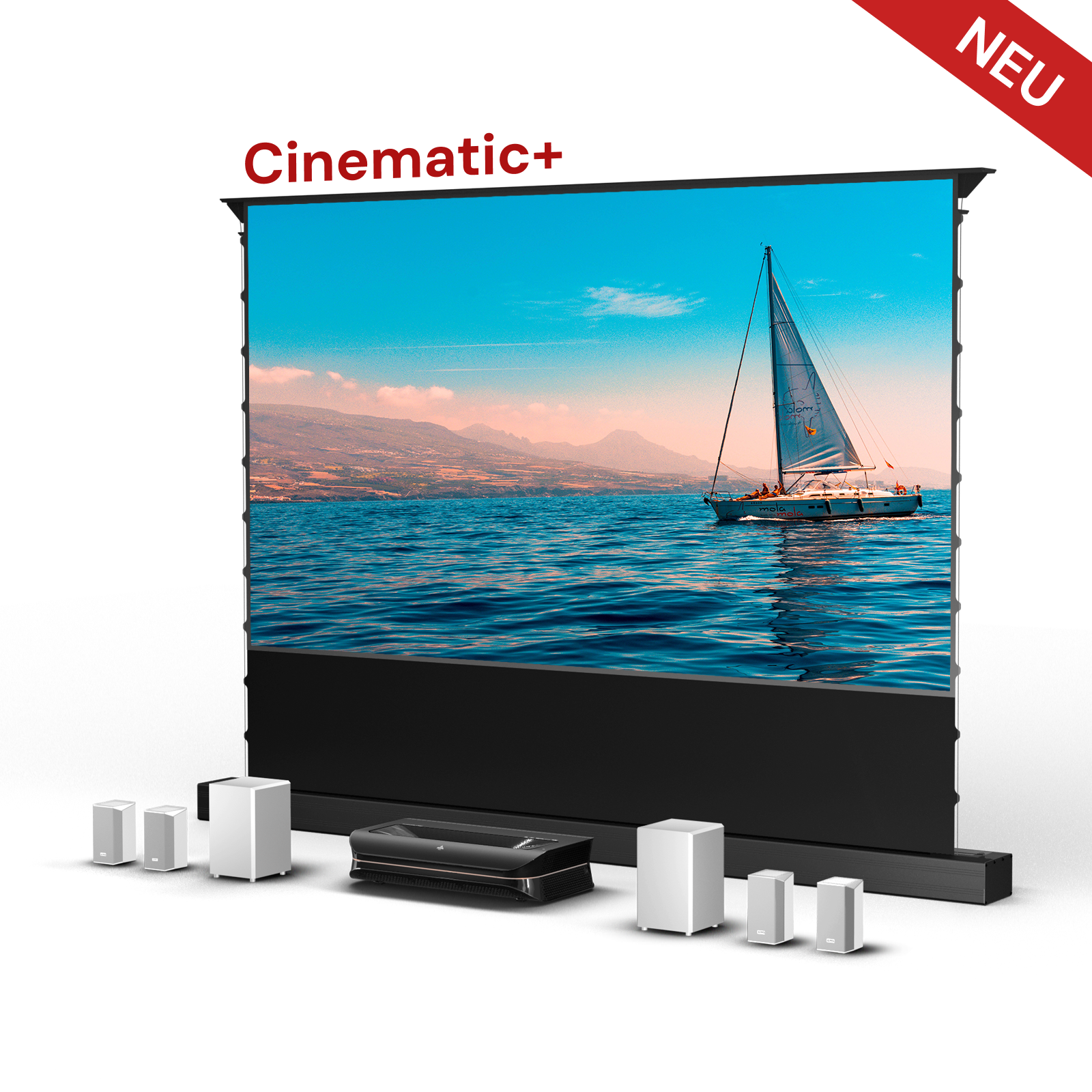 AWOL Theater 3000X Plus mit Cinematic+ ALR Leinwand Größe 132 Zoll und akustisch optimierter Soundbar/Boxentechnik.