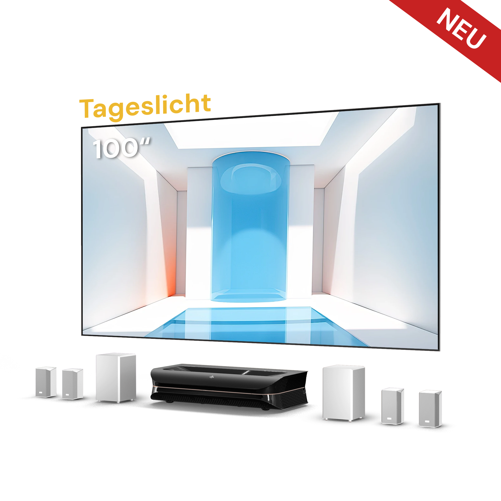 AWOL Theater 3500S Tageslicht Projektor mit 100″ Fresnel ALR Leinwand und kabellosem Sound.