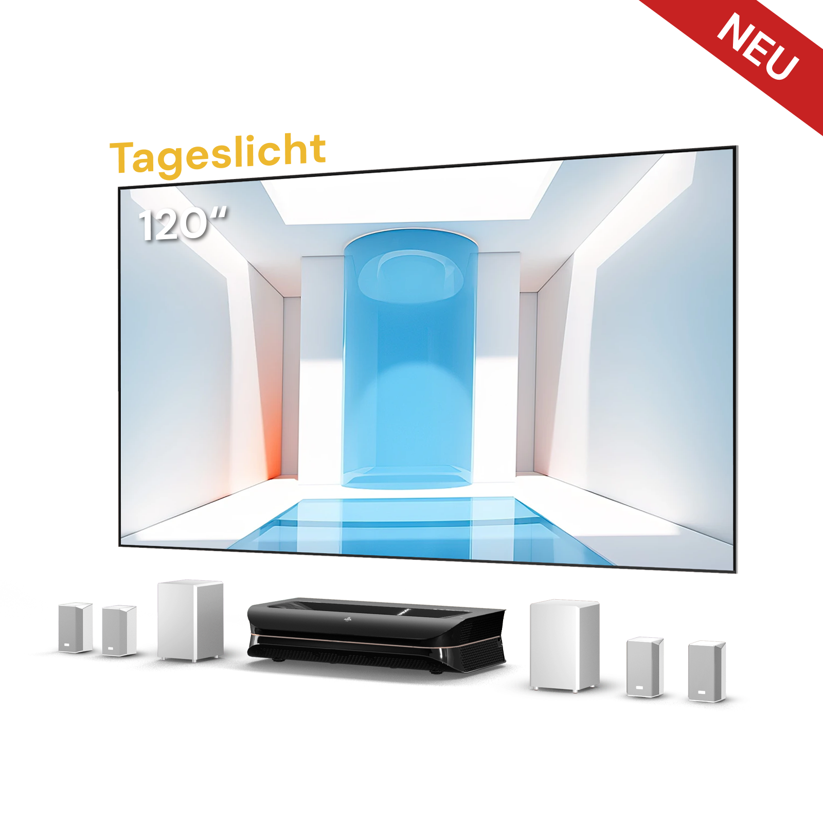 AWOL Theater 3500S mit 120″ Tageslichtoptimierter Fresnel ALR Leinwand und 4.2.2 Surround Sound.