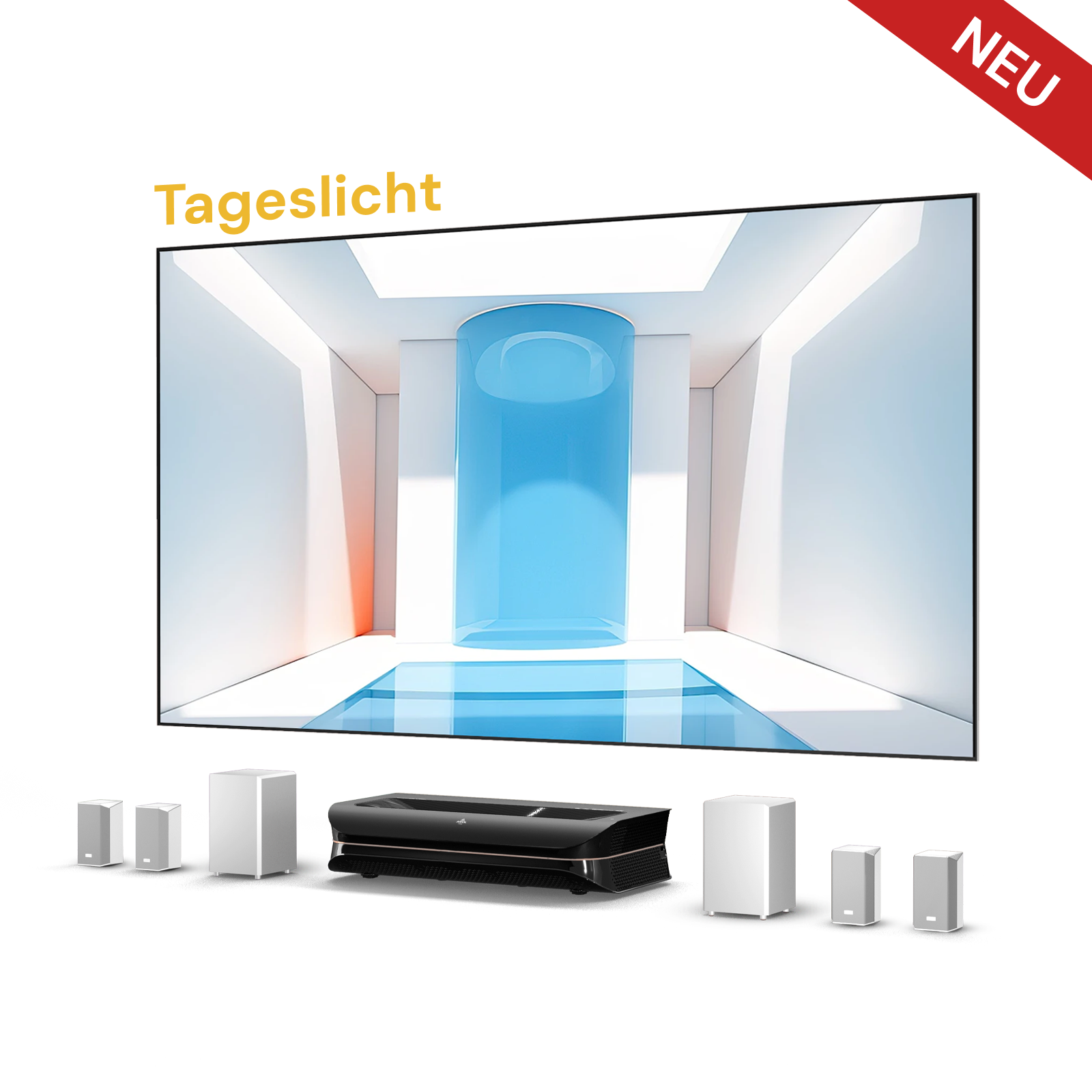 AWOL Theater 3500S Tageslichtoptimierter Projektor mit Fresnel ALR Leinwand und ThunderBeat Lautsprechern.
