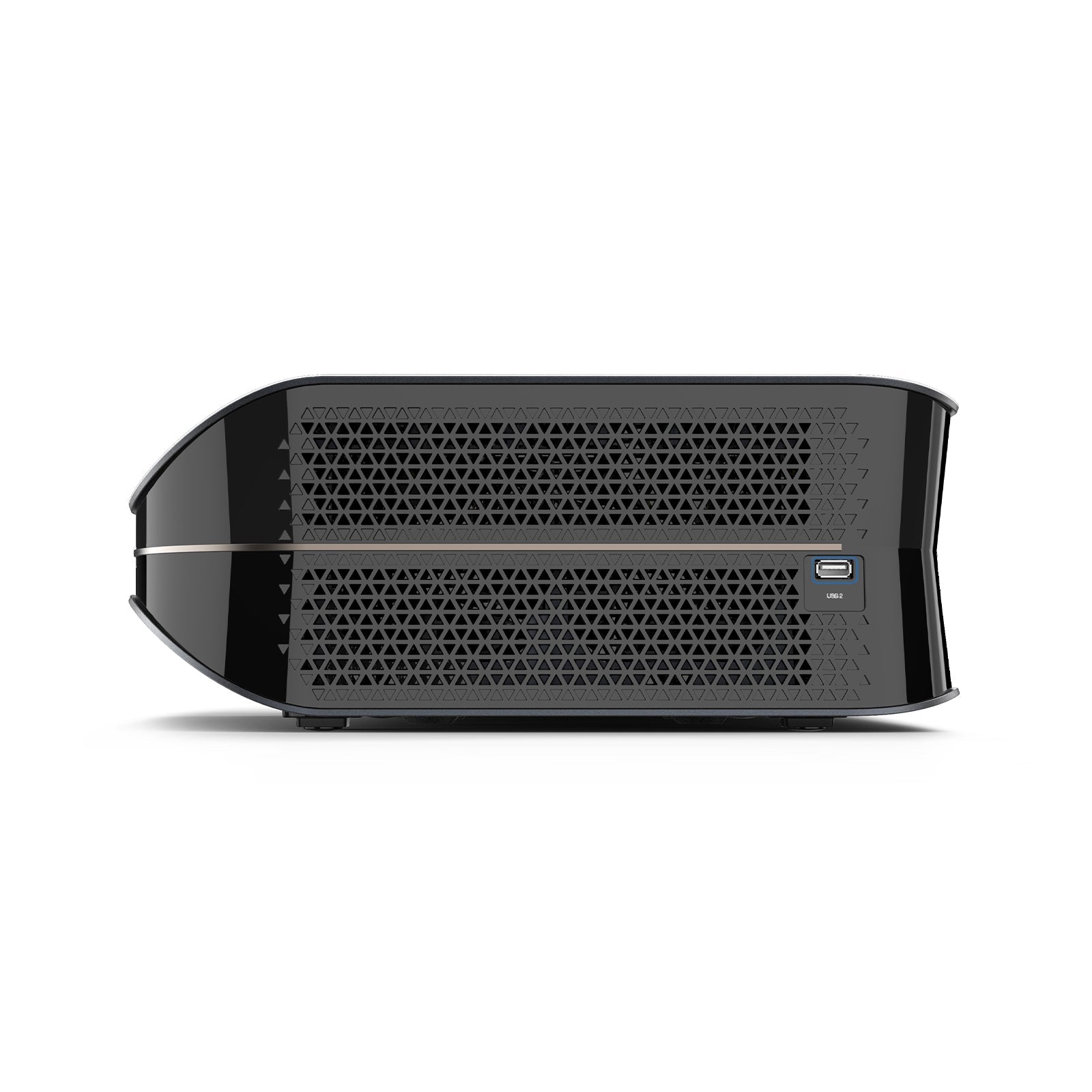 Die Seitenansicht des LTV 3000 Pro zeigt das durchdachte Lüftungssystem und den gut erreichbaren USB Anschluss für externe Geräte.