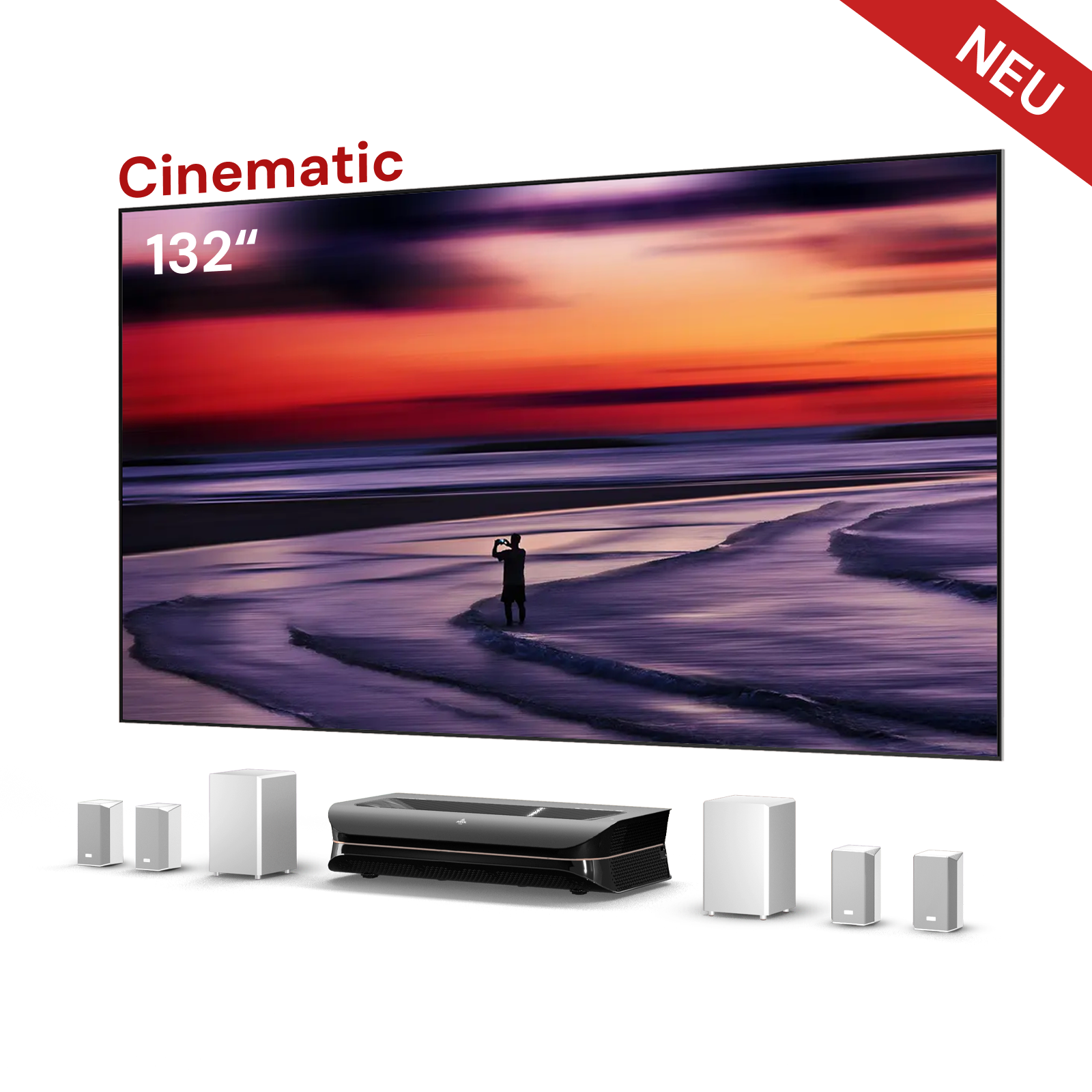 AWOL Theater 3500X Heimkino Paket mit 132″ Leinwand und kabellosem Surround-System.