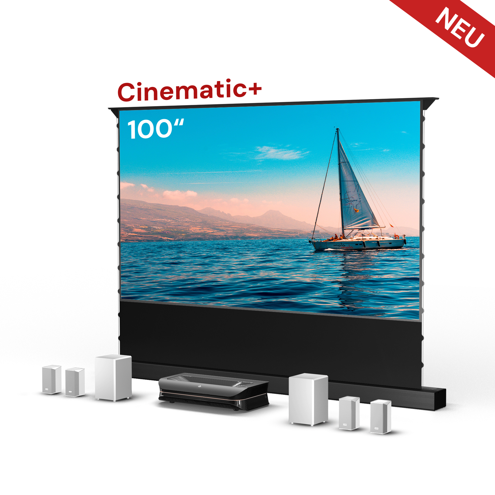AWOL Theater 3500X Plus in 100″ Variante mit LTV‑3500 Pro UST RGB Laserprojektor und Leinwand.