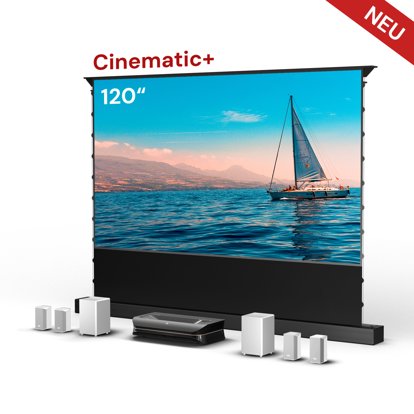 AWOL Theater 3500X Plus in 120″ Größe mit UST RGB Laserprojektor LTV‑3500 Pro und Bodenaufsteigender ALR-Leinwand.