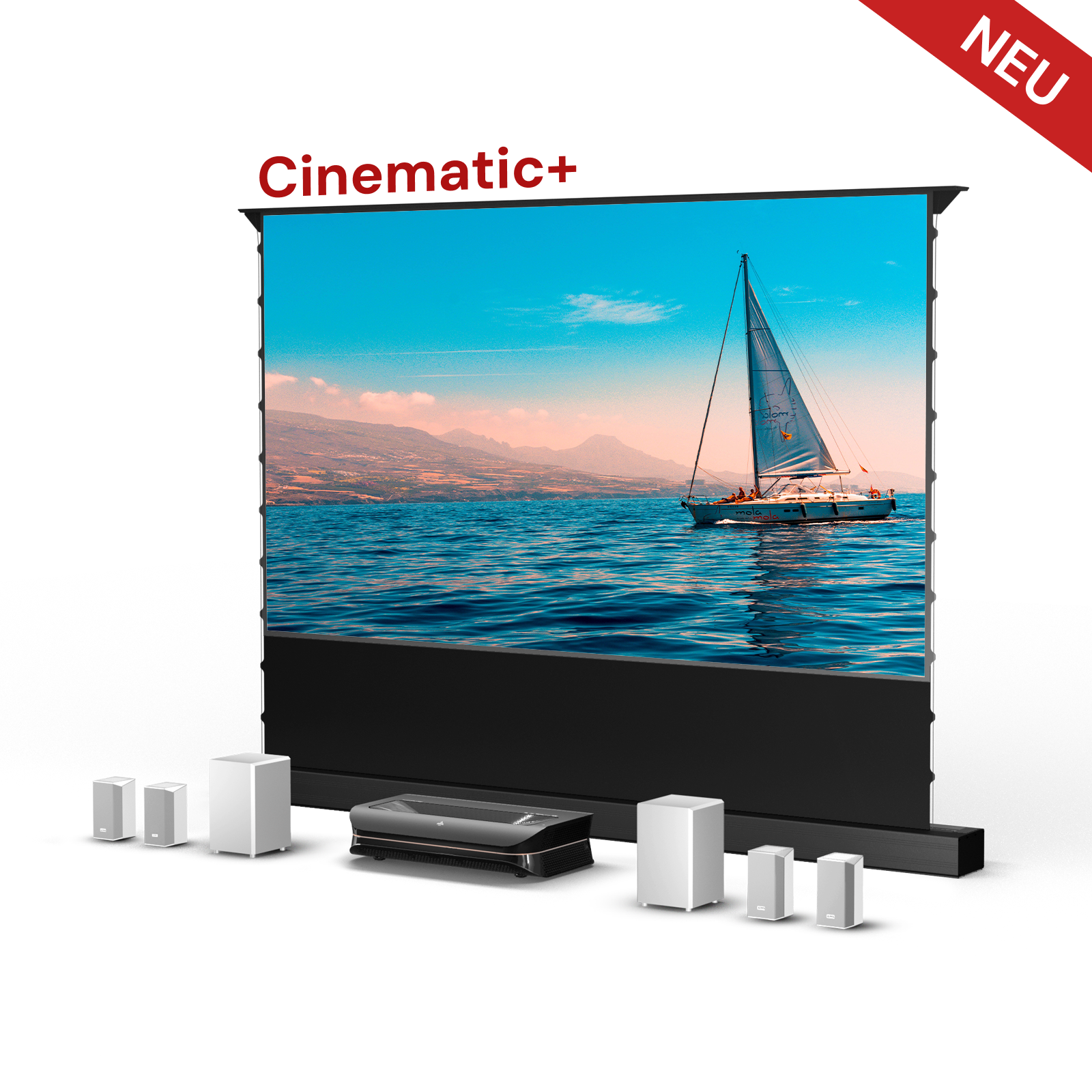 AWOL Theater 3500X Plus Gesamtansicht mit 120″ Bildschirm und ThunderBeat CenterSync 5.2.2 Klangsystem.